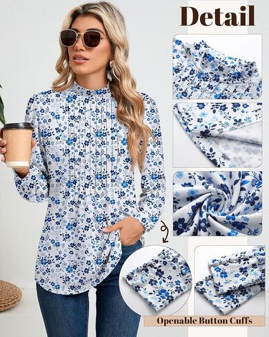 Ficerd Women's Mock Neck Puff Long Sleeve Blouses Dressy Casual Business Tops Fall Winter Tunic Shirts Button Cuffs in Kuwait