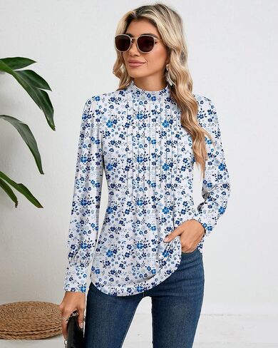 Ficerd Women's Mock Neck Puff Long Sleeve Blouses Dressy Casual Business Tops Fall Winter Tunic Shirts Button Cuffs in Kuwait