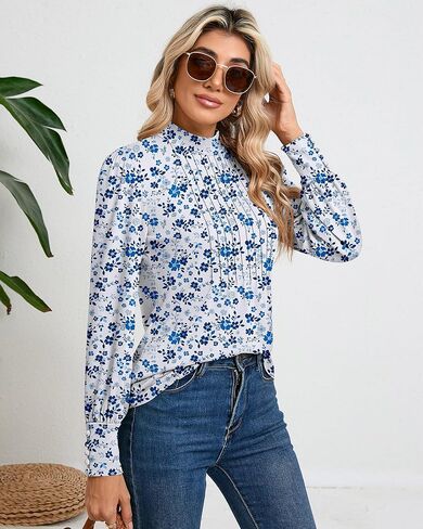 Ficerd Women's Mock Neck Puff Long Sleeve Blouses Dressy Casual Business Tops Fall Winter Tunic Shirts Button Cuffs in Kuwait