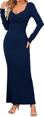 Women's Bodycon Maxi Dress Square Neck Long Sleeve Formal Tube Twist Knot Front Ribbed Knit Casual Elegant Dress in Saudi Arabia