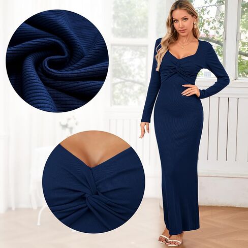 Women's Bodycon Maxi Dress Square Neck Long Sleeve Formal Tube Twist Knot Front Ribbed Knit Casual Elegant Dress in Saudi Arabia