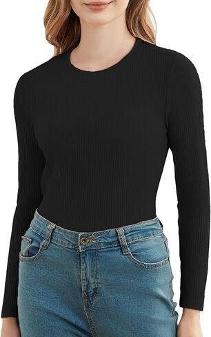 Cotton Long Sleeve T Shirts for Women Ribbed Knit Basic Tops Casual Slim Fitted Tee Tshirts Tight Undershirts in Saudi Arabia