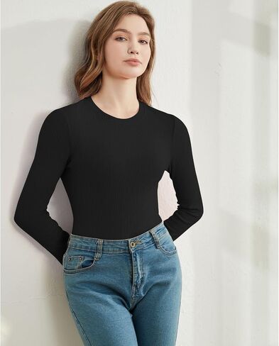 Cotton Long Sleeve T Shirts for Women Ribbed Knit Basic Tops Casual Slim Fitted Tee Tshirts Tight Undershirts in Saudi Arabia