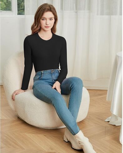 Cotton Long Sleeve T Shirts for Women Ribbed Knit Basic Tops Casual Slim Fitted Tee Tshirts Tight Undershirts in Saudi Arabia