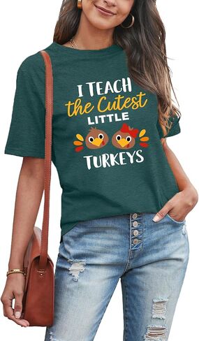 Women Thanksgiving Teacher Shirt Thankful to Teach The Cutest Little Turkeys Casual Fall Gift Tee Tops in Saudi Arabia