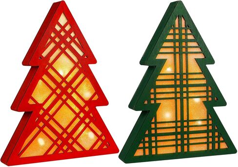 SAILINGSTORY Christmas Table Decor Wooden Christmas Tree with Light and Plaid Set of 2 Pack in Saudi Arabia