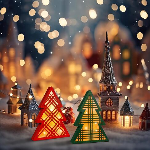 SAILINGSTORY Christmas Table Decor Wooden Christmas Tree with Light and Plaid Set of 2 Pack in Saudi Arabia