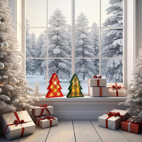 SAILINGSTORY Christmas Table Decor Wooden Christmas Tree with Light and Plaid Set of 2 Pack in Saudi Arabia