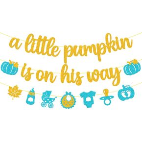 A Little Pumpkin is on The Way Banner Glitter Orange Gold Little Pumpkin Baby Shower Party Decoration Little Girl Boy Fall Pumpkin Autumn Harvest Theme A Little Pumpkin is on the His Way Gender Reveal