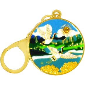 Fengshuibringluck Feng Shui Double Cranes Aspiration ＆ Longevity Amulet Keychain Round Key Ring, Small, Green