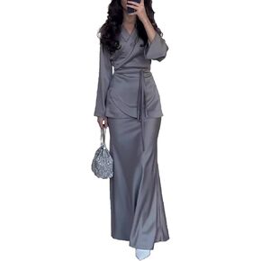 xxxiticat Women's Satin Skirt Set Long Sleeve Lace Up Cardigan Top High Waist Flared Hem Long Skirt Two Piece Matching Set