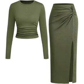 Women's 2 Pieces Skirt Set Knit Long Sleeve Crop Top Twist Front Slim Fit Solid Color Side Slit Tight Bodycon Skirt