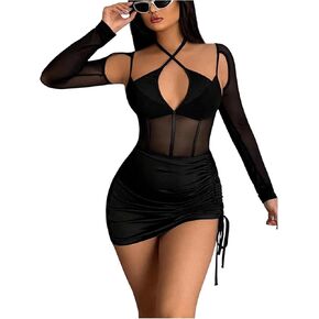 OYOANGLE Women's Two Piece Outfits Halter Mesh Long Sleeve Cut Out Bodysuits with Bodycon Mini Skirt