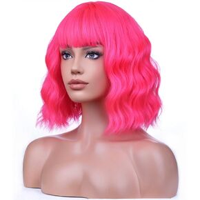 BERON Short Auburn Wigs Wavy Bob Wig with Bangs Wavy Hair Wigs Auburn Brown Women's Synthetic Wigs Daily Party Use