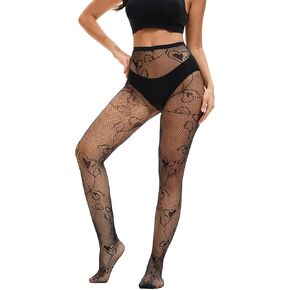 Women's Sexy Fishnet Stockings Patterned Fishnet Tights High Waist Streetwear Rave Heart Line Black