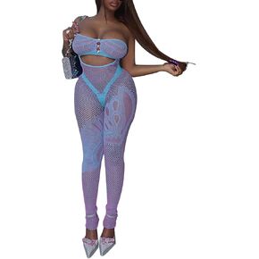 Women Sexy Tube Top Rhinestone Accents Sheer Mesh Off Shoulder Jumpsuit