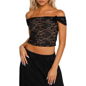 Women's Black Off Shoulder Crop Top See Through Lace Tee Shirt Blouse Backless Bodycon Corset T-Shirt Streetwear