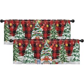 2 حزمة الستائر نافذة العلاجات، عيد ميلاد سعيد جنوم الأحمر منقوشة شجرة الستائر الستائر الستار قابل للتعديل للنوافذ غرفة المعيشة المطبخ بالوعة أعلاه، 18x52 بوصة قضيب جيب الستائر in Kuwait