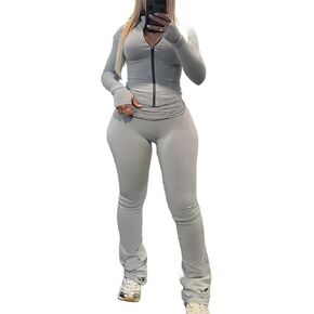 مجموعة ملابس نسائية من LovelyWholesale مكونة من قطعتين بسحاب للتمرين مع طقم بدلة رياضية مضيئة in Kuwait