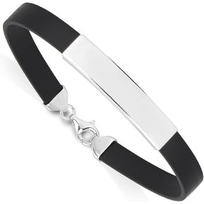 Sterling Silver 925 Engravable Bracelet Mens ID Bar Bracelet with Black Rubber Band