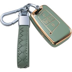 متوافق مع غطاء مفتاح VW Volkswagen Key Fob مع حبل جلدي، غطاء حماية لمفتاح السيارة لسيارة Volkswagen Tiguan Atlas Jetta Passat Golf Alltrack جهاز التحكم عن بعد الذكي، أسود