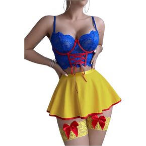 WDIRARA Women's 5 Piece Floral Lace Lingerie Set Bow Lace Up Underwire Bra Mini Skirt Thong with Stockings