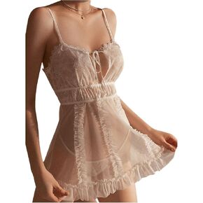 Women's 2 Piece Lingerie Set Lace Sheer Mesh Frill Ruffle Hem Tie Front Babydoll Dress with Thongs