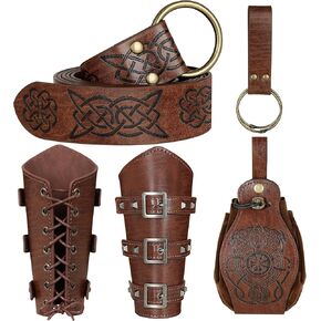 5 Pcs Medieval Viking Belt Renaissance Accessories Medieval Faux Leather Belt Pouch and Arm Guards (Brown-01)