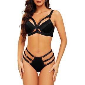Lilosy Sexy Strappy Underwire Push Up O Ring Linked Harness Women Lingerie Set Bra Panty 2 Piece