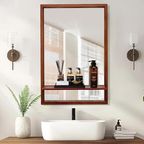 ULIKE Bathroom Mirror with Shelf, 20"x30" Rectangle Bathroom Vanity Mirror for Over Sink, Decorative Wall Mirror with Wood Frame, Hanging Shelf Mirror for Living Room, Bedroom, Entryway, Rustic Brown
