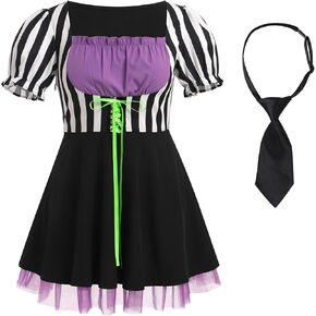 IMEKIS Women Black and White Striped Dress with Necktie Halloween Costume Lace Up Tulle Gothic Dresses Cosplay Party
