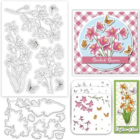 Clear Stamp Stencil and Die Cut Set Layered Flowers Stamp Cattleya Floral Clear Stamp and Cutting Dies Flower Background Painting Template for Wall Card Making Photo Album Home Decor