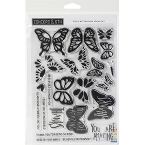 Concord & 9th - Bold Butterflies Stamp Set - 22 Clear Stamps on 6"x8" Sheet of Butterfly Wings and Sayings - for Cardmaking - Thank You Cards - Get Well Soon Card - Birthday Card - DIY Papercrafting