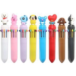 8Pcs Bangtan Boys 10 in 1 Color Retractable Ballpoint Pen Creative Cartoon Shape Multicolor Pens Medium Point (0.7mm) For School Office Student Supply