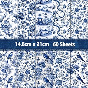 60 Sheets Blue Floral Bird Scrapbook Paper, A5 Size Assorted Blue White Flowers Bird Patterns Art Craft Paper for Birthday Wedding Baby Shower Party Supplies, 8.3x5.7''