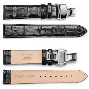 FEICE Black Genuine Leather Watch Band Calfskin Watch Straps with Deployment Buckle