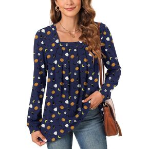 Anyally Womens Plus Size Long Sleeve Tunic Tops Pleated Square Neck Casual Loose Fit Blouse Shirt for Leggings