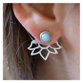 Boho Turquoise Lotus Ear Jacket Earrings Hollow Flower Stud Earrings Gems Turquoise Earrings Silver Lotus Front Back Earrings Jewelry for Women and Girls (Silver)