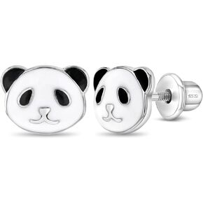 925 Sterling Silver Young Girls Bear Panda Safety Screw Back Earrings For Animal Loving Kids - Adorable Enamel Panda Screw Back Earrings For Children