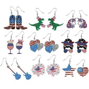 9 Pairs 4th of July Patriotic Earrings Set Cute Gnome Heart Star American Flags Animals Independence Day Acrylic Drop Dangle Earrings Memorial Day Holiday Jewelry Gifts