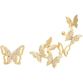 CZ Gold Butterfly Crawler Cuffs Studs Earrings for Women Girls Sterling Silver Post Pin Cubic Zirconia Small Spiral Hoop Climber Wrap Asymmetrical Earring Fashion Dainty Jewelry Birthday Gifts