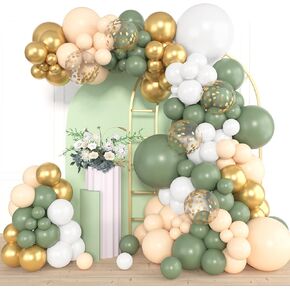 Amandir 153pcs Sage Green Brown Balloon Garland Arch Kit, Different Sizes 18 12 10 5 inch Olive Green Gold Latex Metallic Confetti Balloons for Safari Jungle Woodland Birthday Baby Shower Decorations