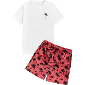 Milumia Men's Tropical Printed Short Sleeve Tee and Drawstring Pocket Shorts Set