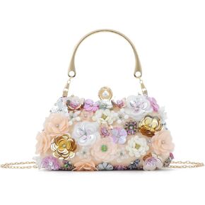 Oweisong Floral Clutch Purses for Women Flower Beaded Evening Bags Top Handle Handbag for Party Wedding