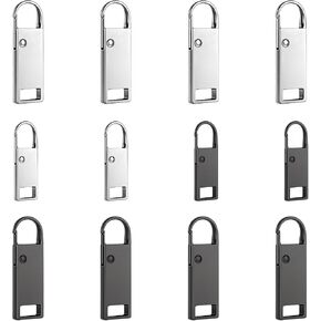 12 Pcs Zipper Pull Replacement Upgraded Extended Detachable Zipper Pull Tabs Zipper Tab Repair Metal Zipper Handle Mend Fixer for Shoes Luggage Suitcases Bag Jacket (2 Size, Black and Silver)