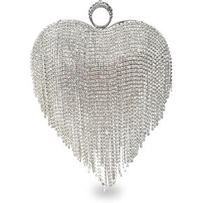 Women Luxury Heart Shape Tassel Evening Clutch Bag Rhinestone Handbag Bridal Wedding Purse