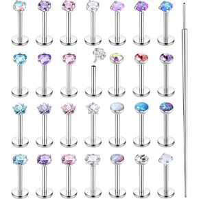 Besteel 28 Pcs Threadless Nose Rings Studs Set CZ Opal Surgical Steel Lip Nostril Labret Monroe Medusa Piercing Jewelry Push in Tragus Conch Helix Flat Back Earrings for Women Men 16G 18G 20G 6/8mm