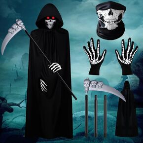 Grim Reaper costume,Halloween costume boys,Halloween cape with hood,with skull mask,scythe,skeleton gloves,Grim Reaper cape with hood for Halloween decoration,cosplay,carnival