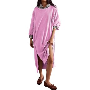 Fisoew Womens Long Sleeve Sweatshirt Dress Casual Loose Side Slit Pullover Maxi Dress