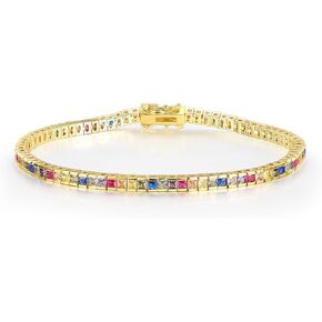 Gemsme 2 * 2mm Rainbow Square Tennis Bracelet, 2.0mm Thin 18K White/Yellow Gold Plated Square Colorful Cubic Zirconia Tennis Bracelet for Women 6-8.5 Inches